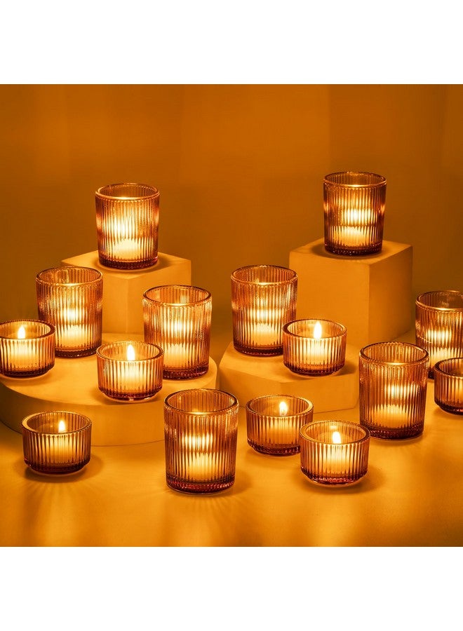 Glasseam Glasseam Amber Tealight Candle Holders: 24pcs Ribbed Small Votive Holders Bulk for Thanksgiving Table Centerpiece Fall Wedding Christmas Decor  - Image 1
