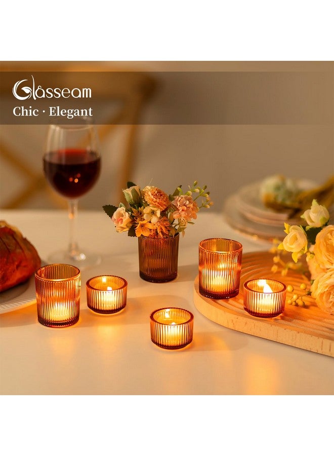 Glasseam Glasseam Amber Tealight Candle Holders: 24pcs Ribbed Small Votive Holders Bulk for Thanksgiving Table Centerpiece Fall Wedding Christmas Decor  - Image 4