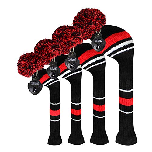 Scott Edward Red Warning Stripes Golf Club Head Covers, Acrylic Yarn Double Layers Knitted, Set of 4, with Rotating Number Tags - Image 1