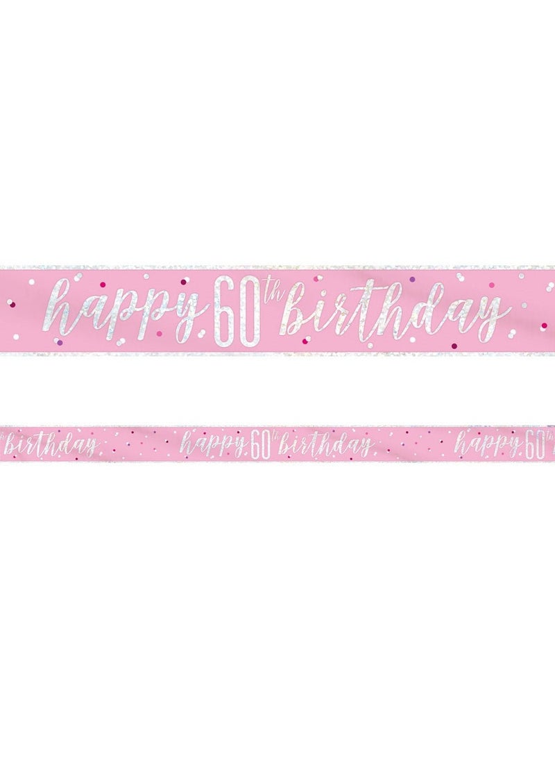 Unique Happy 60th Birthday Anniversary Banner Pink Silver Holographic 274cm