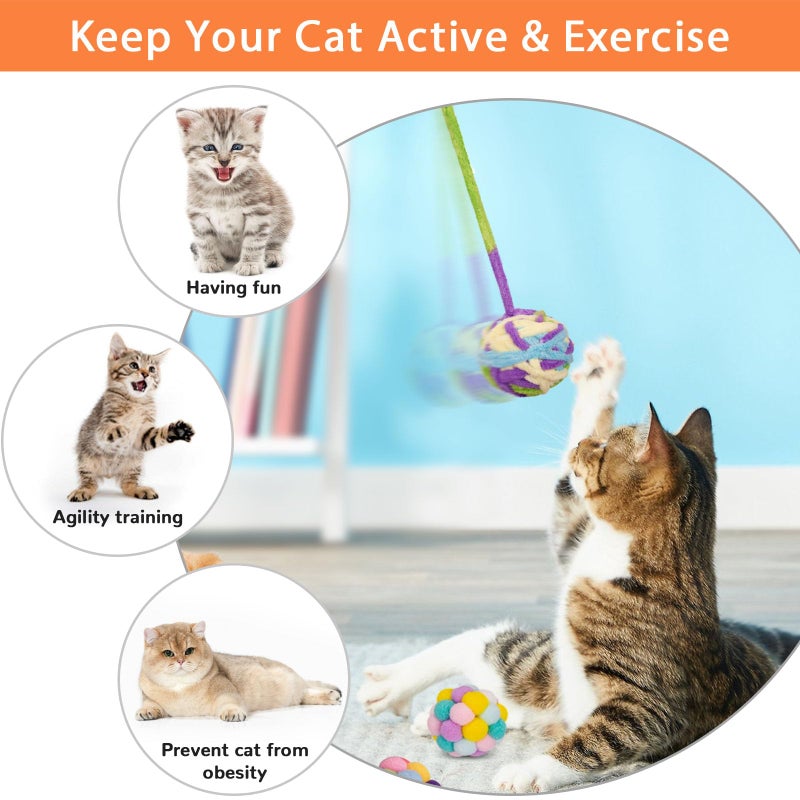 Retro Shaw Cat Toys Balls, 6Pcs Woolen Yarn Cat Ball Toy with Bell Inside, Interactive Kitten Toys for Indoor Cats Kitty, Chew Toys Jingle Pompom Ball with String - Image 4