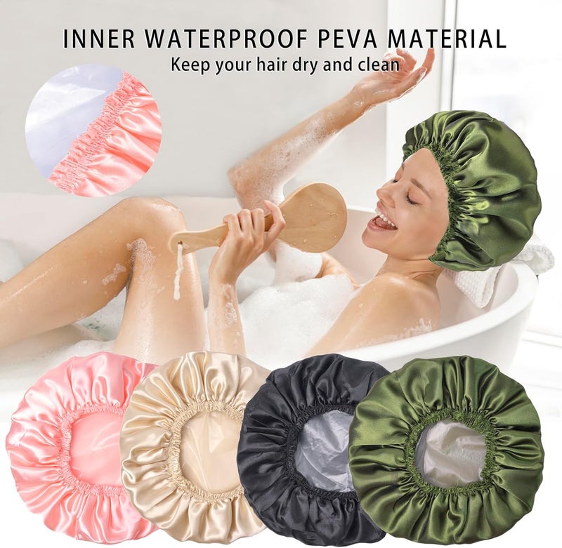 CHFONG Shower Caps for Women, 4 PCS Elastic and Reusable Bath Caps, Double Layers Shower Cap Reusable Waterproof, Bathing Shower Caps, Environmental Bath Hair Protection Cap - Solid Color B - Image 5