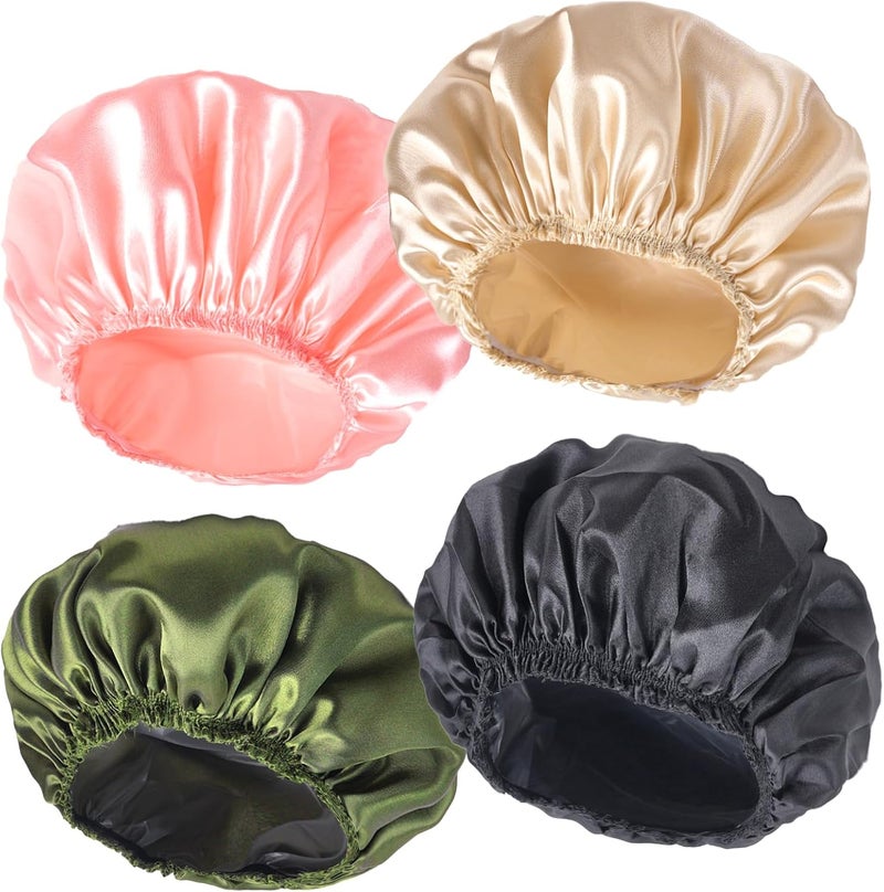 CHFONG Shower Caps for Women, 4 PCS Elastic and Reusable Bath Caps, Double Layers Shower Cap Reusable Waterproof, Bathing Shower Caps, Environmental Bath Hair Protection Cap - Solid Color B - Image 1