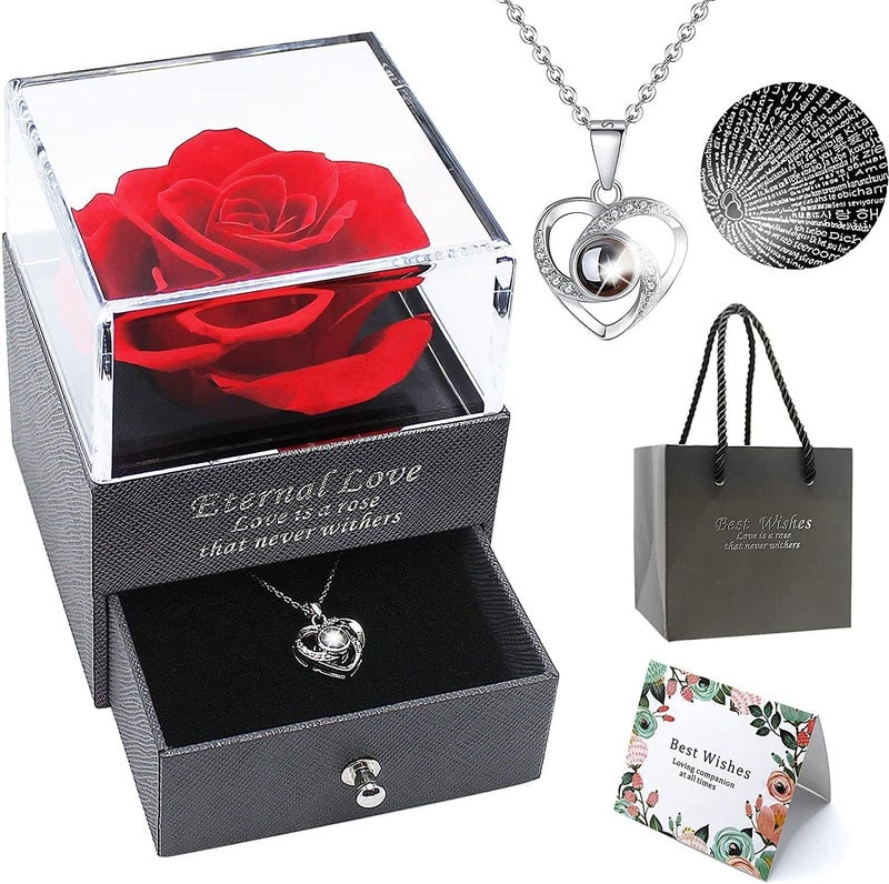 Pamidhar Preserved Rose Flower Gift Premium Box with Necklace Forever Real Rose Impressive Jewelry Gift for Wife birthday special Eternal Rose Box for Mom Mother Day Women Girl - Image 1