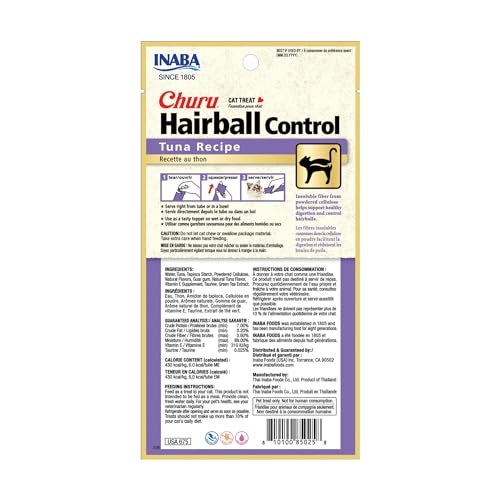 INABA Churu Hairball Control, Functional, Creamy Lickable Purée Cat Treat with Taurine & Vitamin E, 0.5 Ounces Each, 24 Tubes (4 per Pack), Tuna Recipe - Image 2