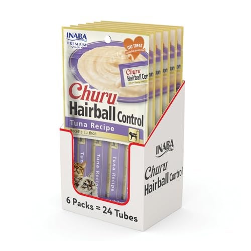 INABA Churu Hairball Control, Functional, Creamy Lickable Purée Cat Treat with Taurine & Vitamin E, 0.5 Ounces Each, 24 Tubes (4 per Pack), Tuna Recipe - Image 1
