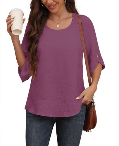 Askyes Womens Blouses Casual Cute Chiffon Tops and Blouses Summer Bell Short Sleeve Blouse Shirts for Work,Purple,M - Image 3