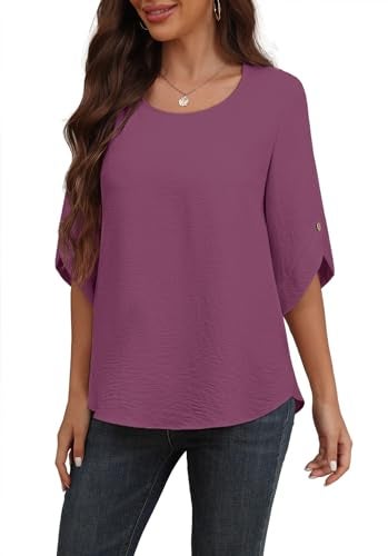 Askyes Womens Blouses Casual Cute Chiffon Tops and Blouses Summer Bell Short Sleeve Blouse Shirts for Work,Purple,M - Image 4