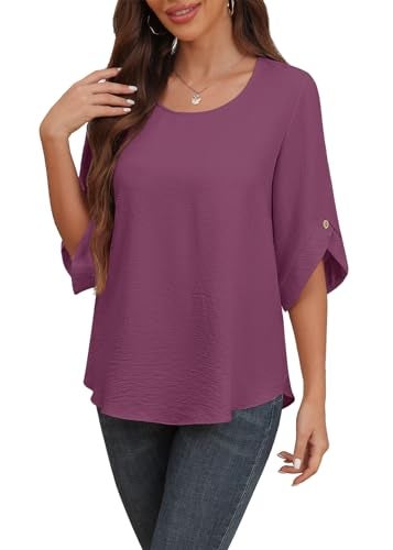 Askyes Womens Blouses Casual Cute Chiffon Tops and Blouses Summer Bell Short Sleeve Blouse Shirts for Work,Purple,M - Image 1