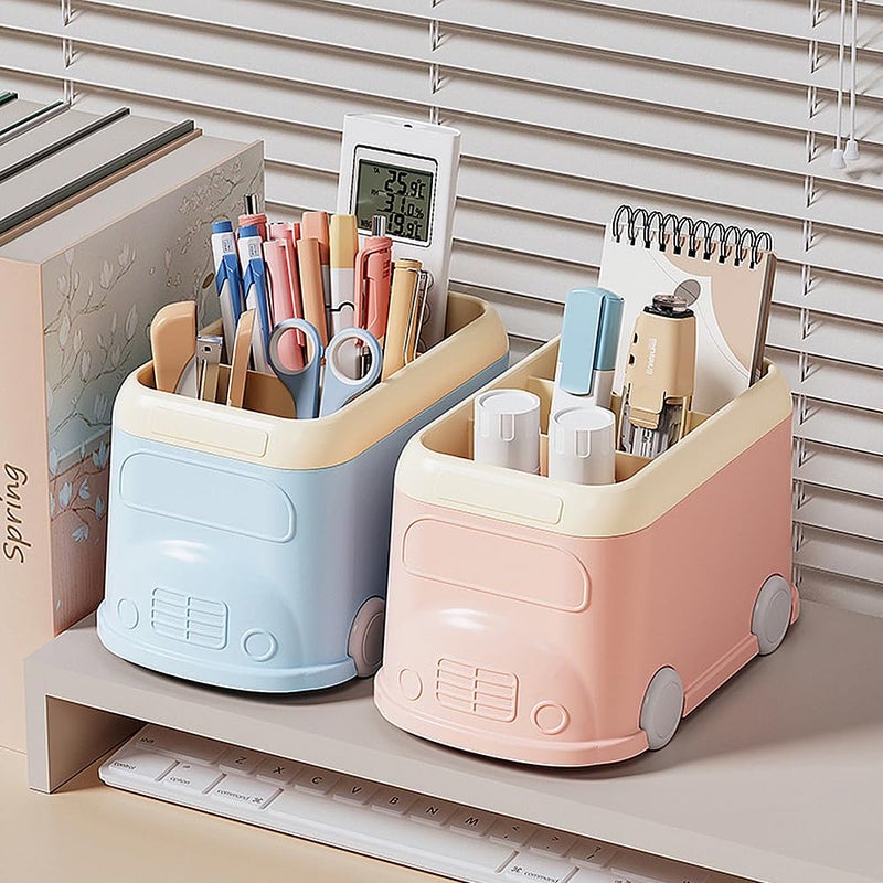 LETURE Pen Pencil Holder for Desk 3 Slots, Cute Car Gifts Desk Organizer Marker Makeup Brush Holders Workspace Organizers Office Decor Accessories (Blue) - Image 5
