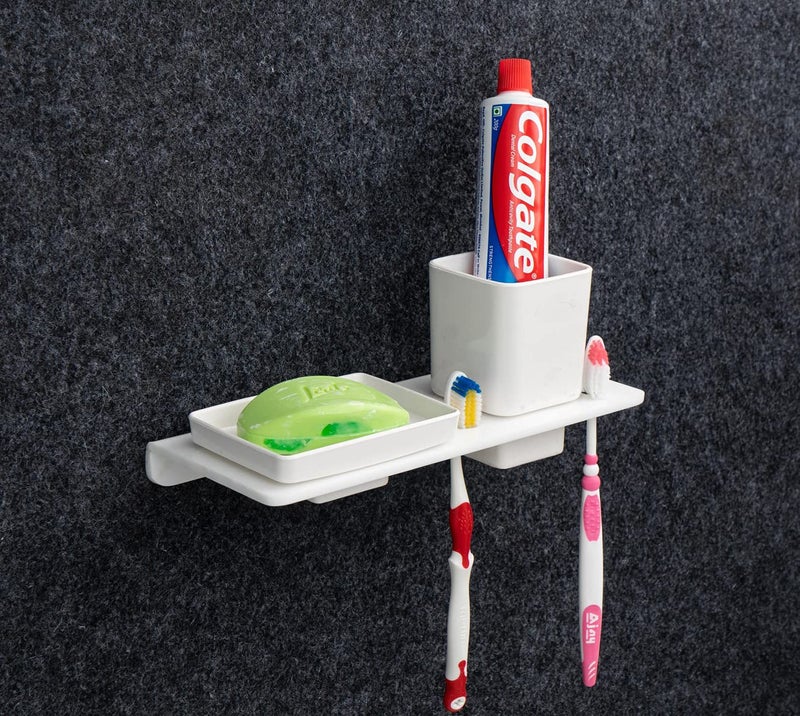 iSTAR Customers Square Shape Soap Holder Stand/Soap Case/Soap Dish with Tumbler Holder/Toothpaste and Brush Holder for Bathroom-Pack of 1 Acrylic Toothbrush Holder (White, Wall Mount) - Image 1