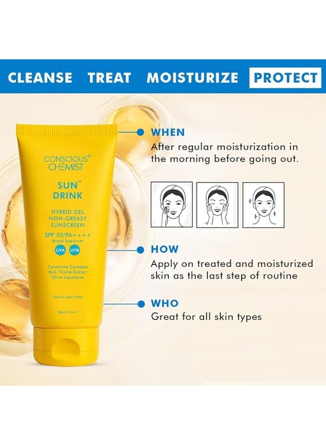 CONSCIOUS CHEMIST Sun Drink Hybrid Gel Non Greasy Sunscreen SPF 50+ PA+++, 50G - Image 2
