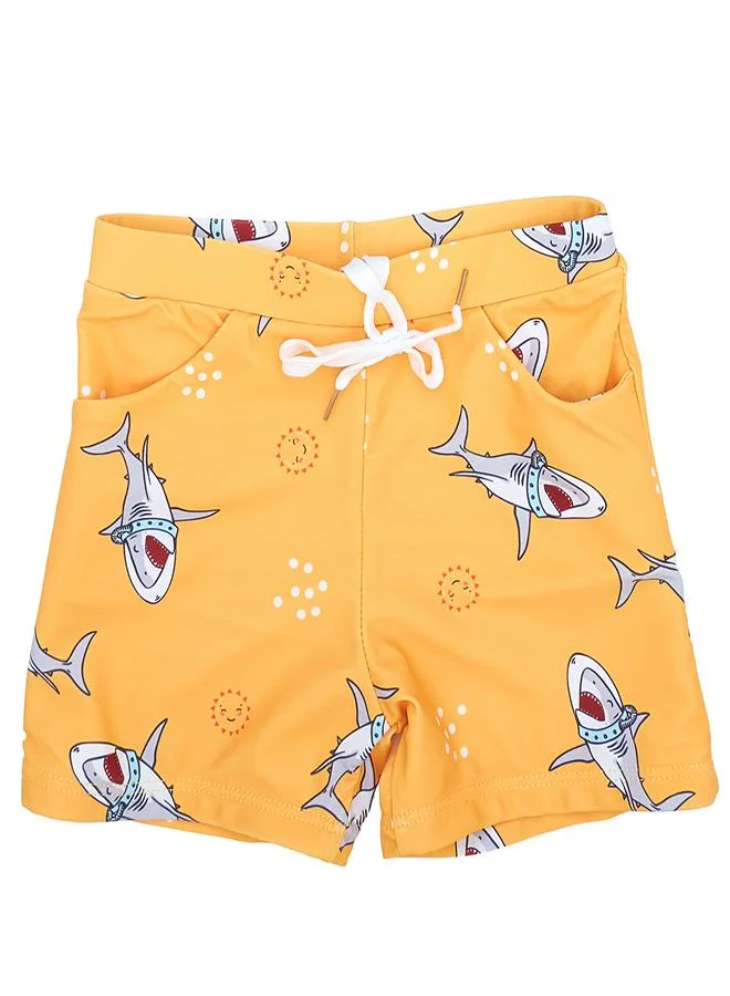 babyqlo Shark Print 3 Pc Boys Swimsuit Set with Cap