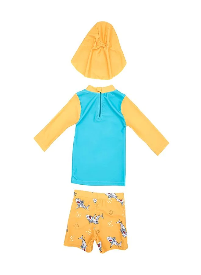 babyqlo Shark Print 3 Pc Boys Swimsuit Set with Cap