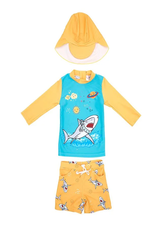 babyqlo Shark Print 3 Pc Boys Swimsuit Set with Cap