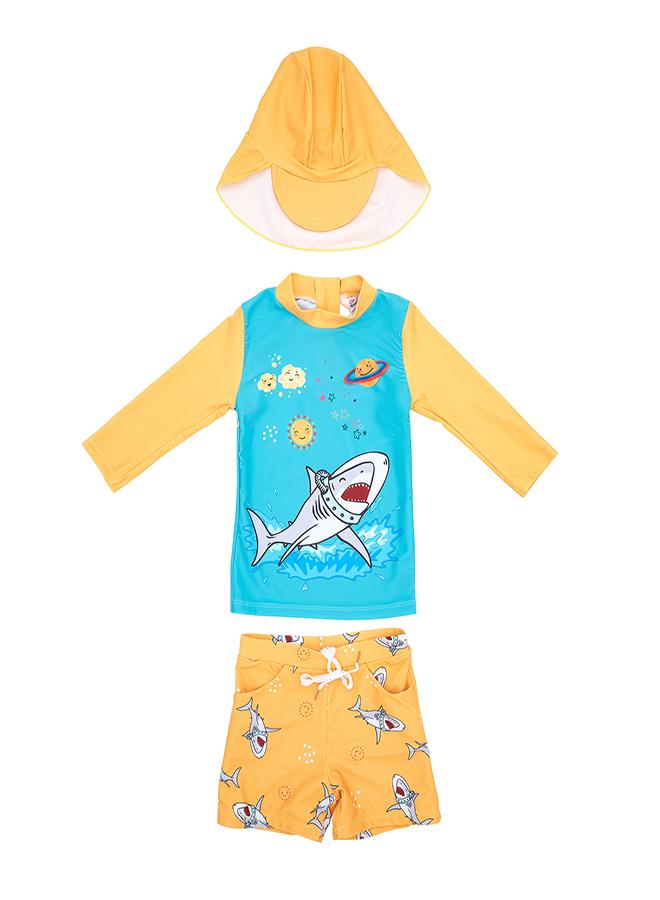 babyqlo Shark Print 3 Pc Boys Swimsuit Set with Cap - Image 1