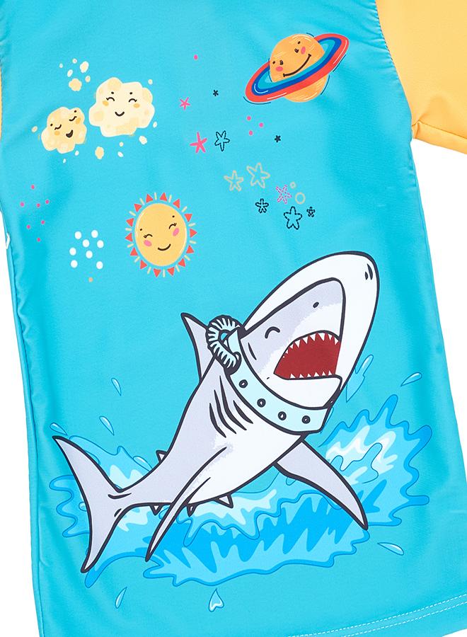 babyqlo Shark Print 3 Pc Boys Swimsuit Set with Cap - Image 3