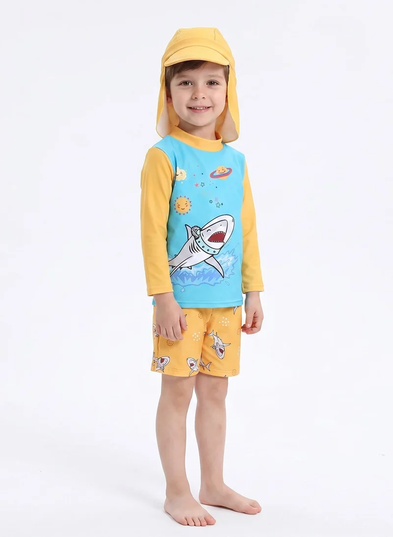 babyqlo Shark Print 3 Pc Boys Swimsuit Set with Cap