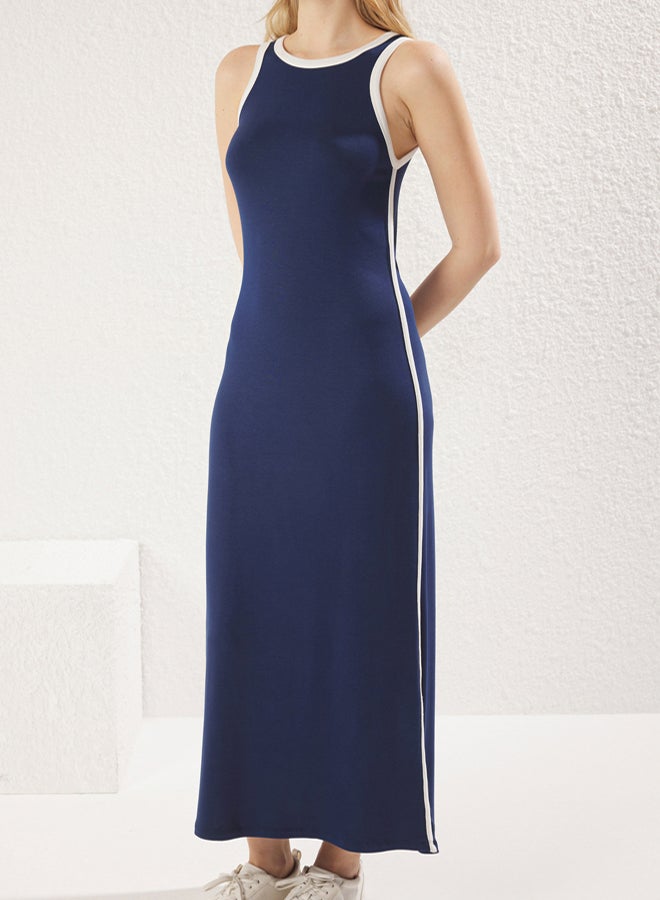 trendyol Navy Blue Maxi Dress with Stretch Fabric - Block Print, Slit, Dress Detail - Image 3