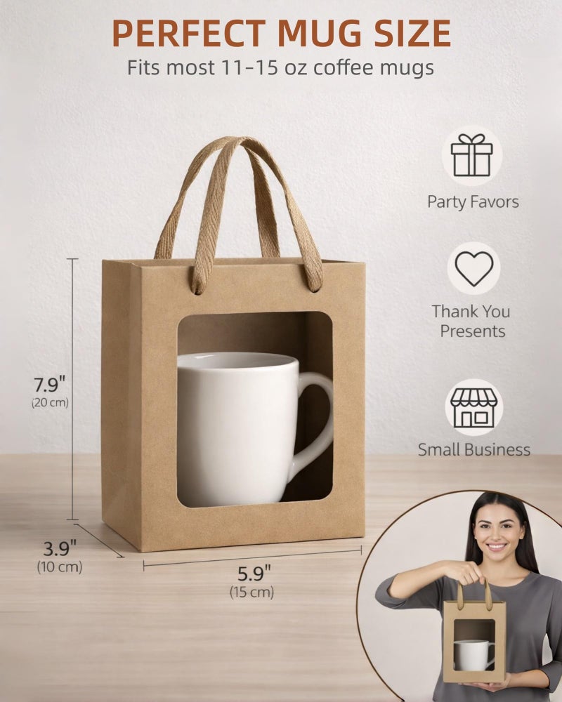 VAGREEZ 15-Pack Gift Bags with Clear Window, Reusable Small Medium Kraft Transparent Window Paper Bags with Handles in Assorted Colors and Bulk Pack for Party, Wedding, Birthday and Small Business, Brown / Small - Image 3