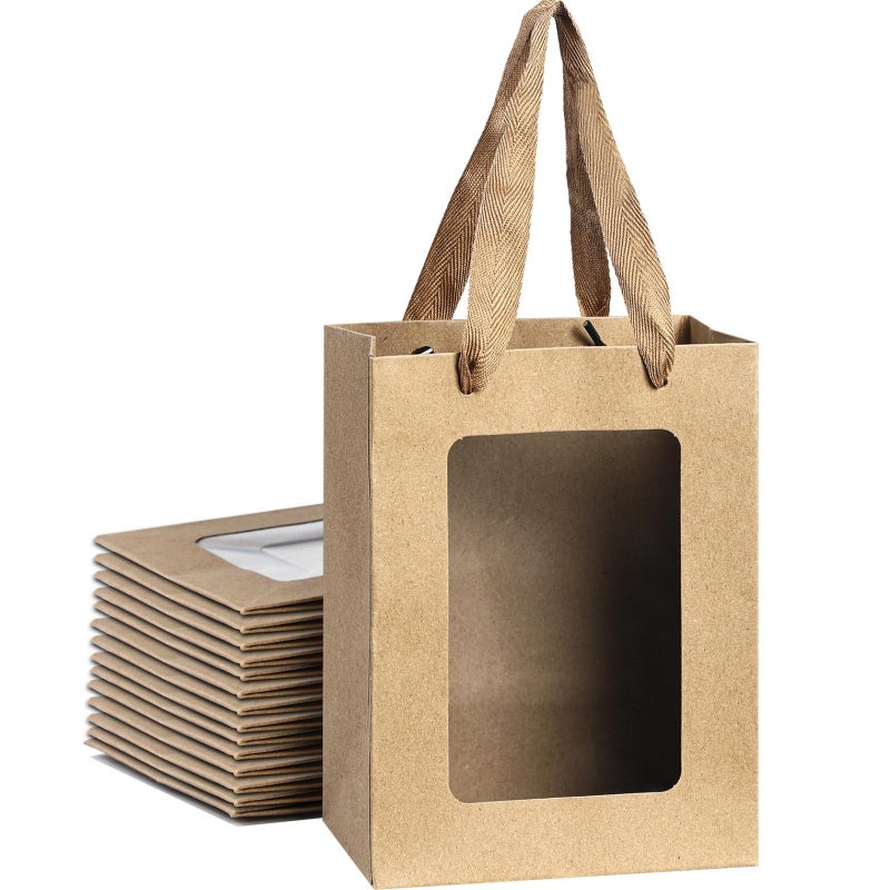 VAGREEZ 15-Pack Gift Bags with Clear Window, Reusable Small Medium Kraft Transparent Window Paper Bags with Handles in Assorted Colors and Bulk Pack for Party, Wedding, Birthday and Small Business, Brown / Small - Image 1