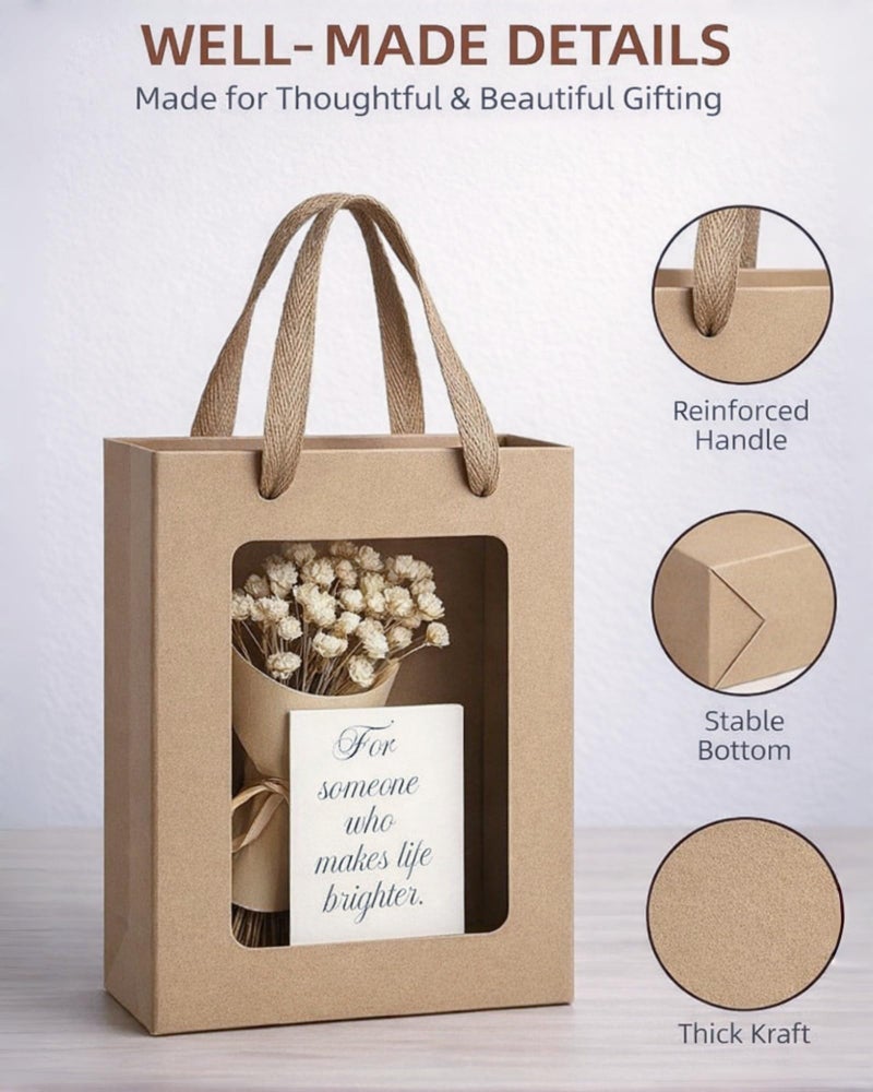 VAGREEZ 15-Pack Gift Bags with Clear Window, Reusable Small Medium Kraft Transparent Window Paper Bags with Handles in Assorted Colors and Bulk Pack for Party, Wedding, Birthday and Small Business, Brown / Small - Image 4
