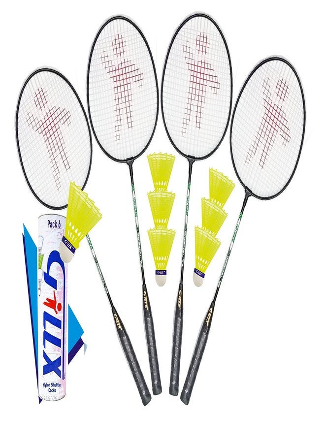 GILLX Badminton Rackets with 6 Nylon Shuttle Cocks (Black, Assorted) -4 Pieces - Image 2