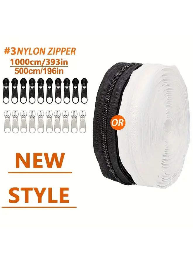 Nylon Coil Zipper Continuous Roll Black 393.7 Inches Long With 20 Zipper Sliders - Image 1