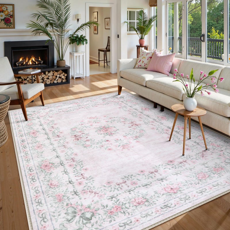Wonnitar Floral Bow Print 8x10 Area Rugs, Washable Pink Rugs for Bedroom Girls, Boho Ultra-Thin Soft Non Slip Carpet for Nursery Living Room Kids Room Classroom Decor, Light Pink - Image 1