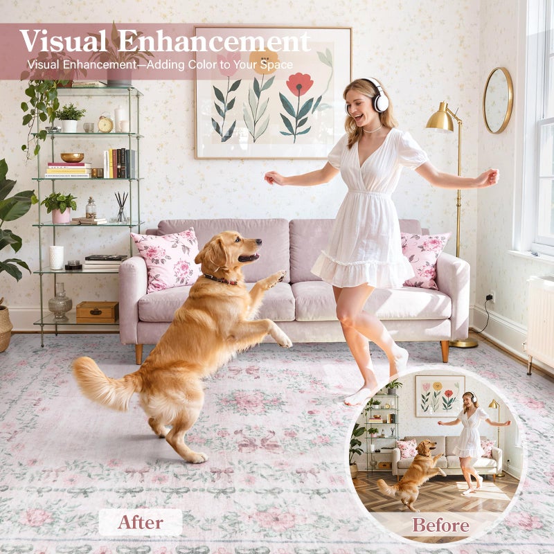 Wonnitar Floral Bow Print 8x10 Area Rugs, Washable Pink Rugs for Bedroom Girls, Boho Ultra-Thin Soft Non Slip Carpet for Nursery Living Room Kids Room Classroom Decor, Light Pink - Image 4