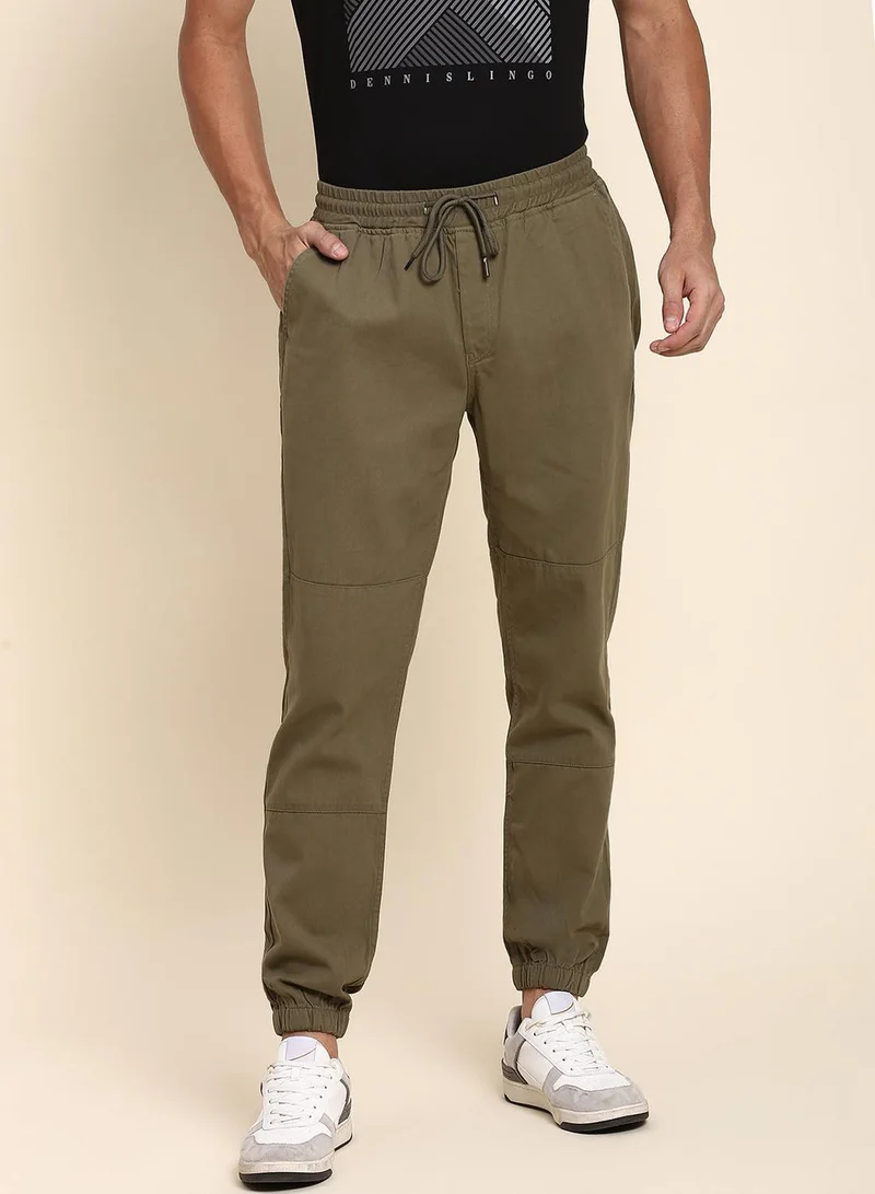Dennis Lingo Men's Light Olive Cotton Blend Solid Full Length Jogger Fit Trouser