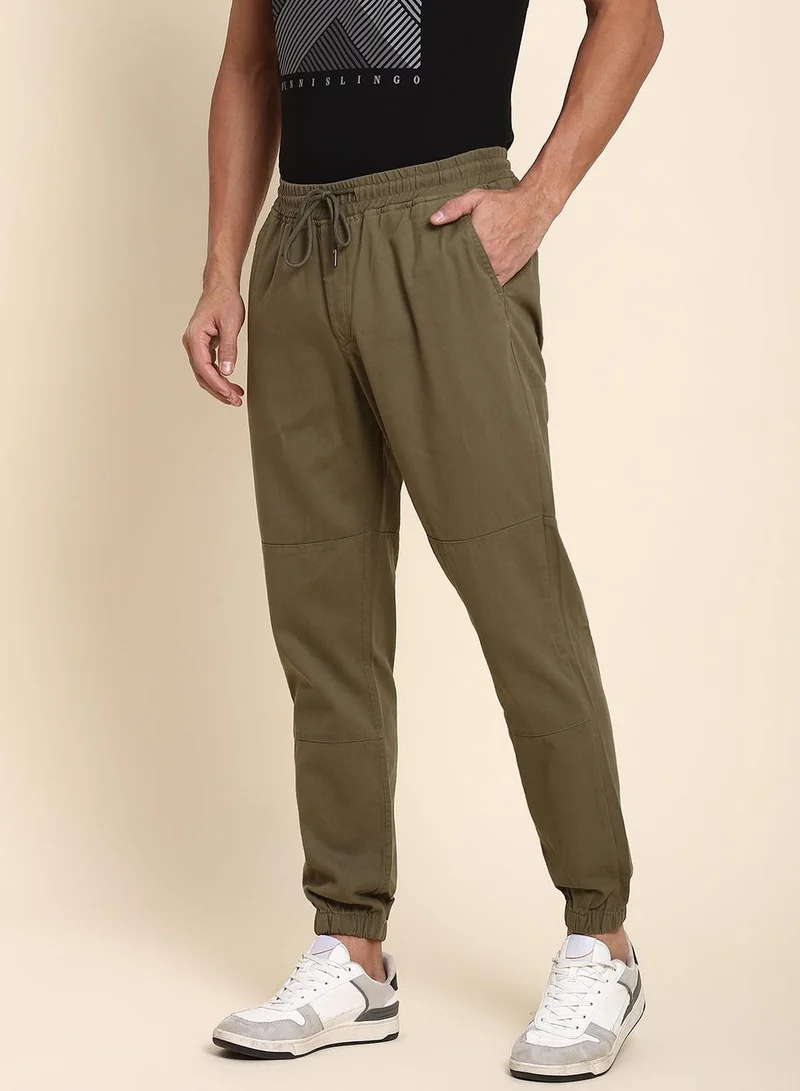 Dennis Lingo Men's Light Olive Cotton Blend Solid Full Length Jogger Fit Trouser