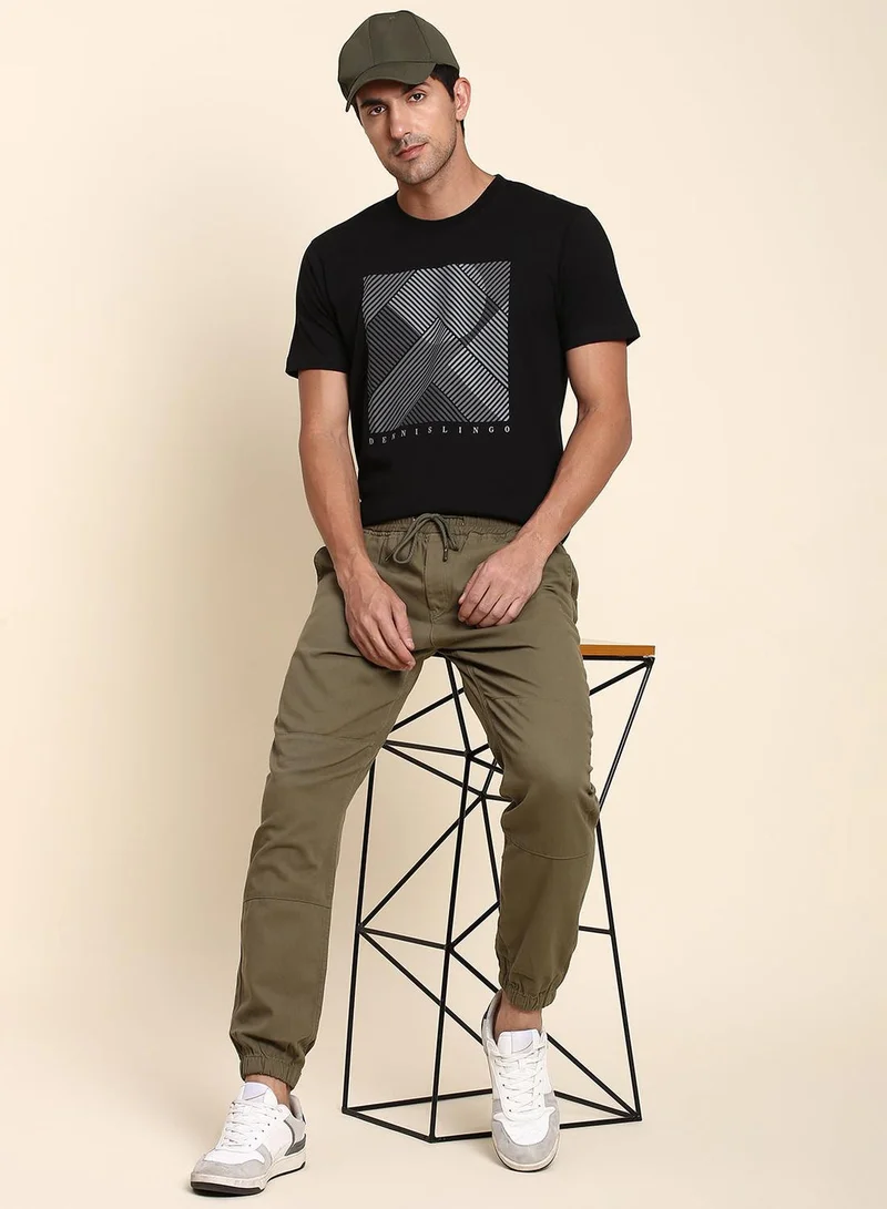 Dennis Lingo Men's Light Olive Cotton Blend Solid Full Length Jogger Fit Trouser
