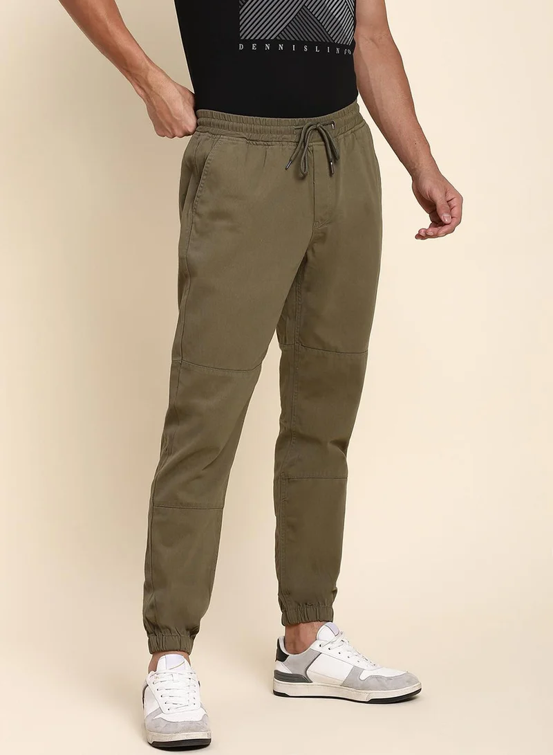 Dennis Lingo Men's Light Olive Cotton Blend Solid Full Length Jogger Fit Trouser