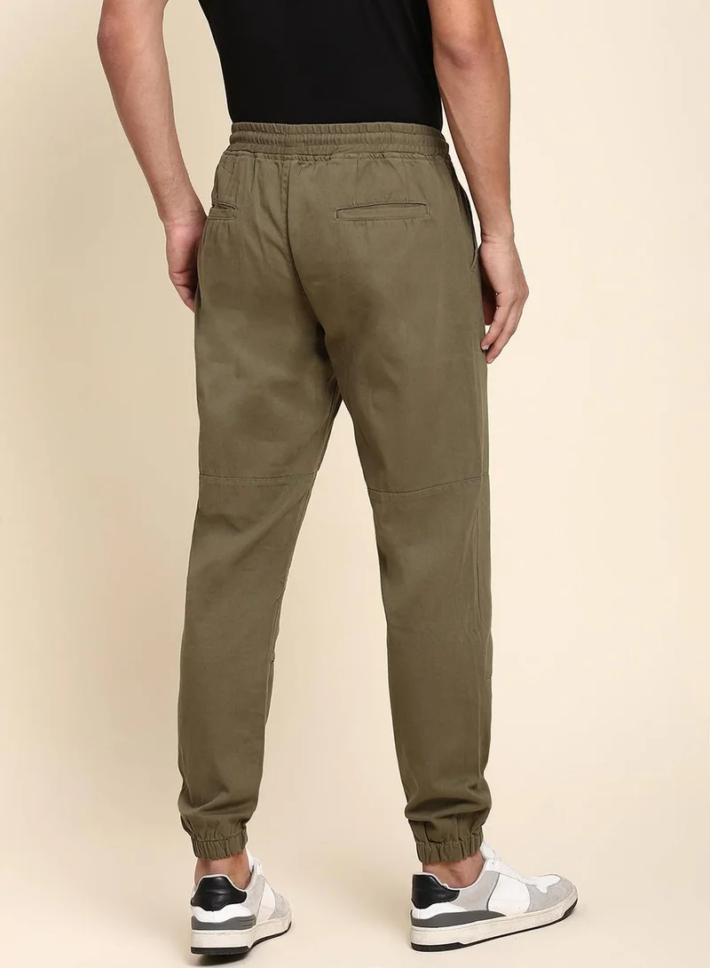 Dennis Lingo Men's Light Olive Cotton Blend Solid Full Length Jogger Fit Trouser