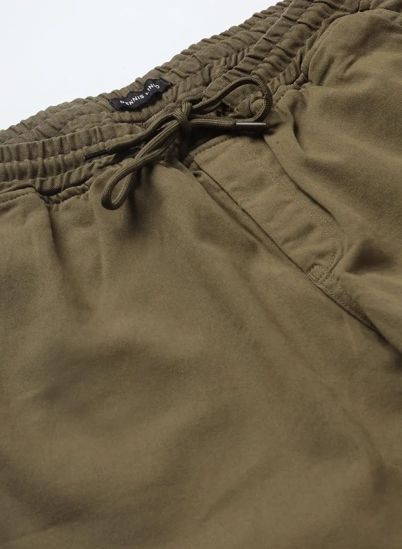 Dennis Lingo Men's Light Olive Cotton Blend Solid Full Length Jogger Fit Trouser
