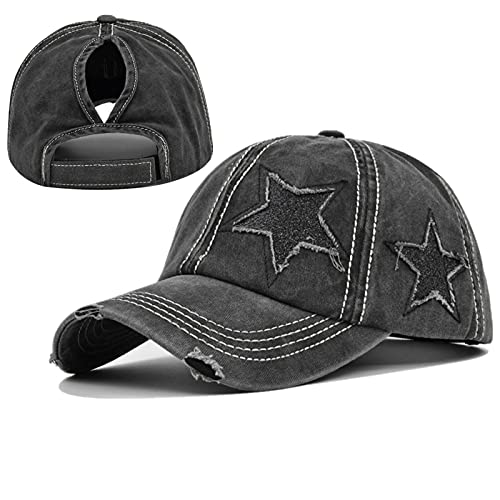 ProMindFun Womens Ponytail High Messy Bun Hats Distressed Baseball Caps Unconstructed Washed Dad Hat Girls Trucker Ponycaps - Image 1