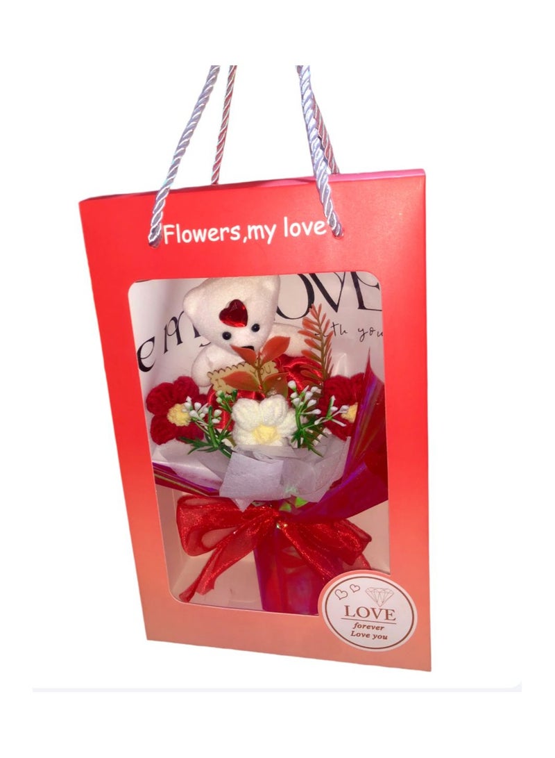 Box bag bouquet artificial red roses bouquet flower aesthetic gift and teddy bear for Valentine's Day, occasions and birthdays