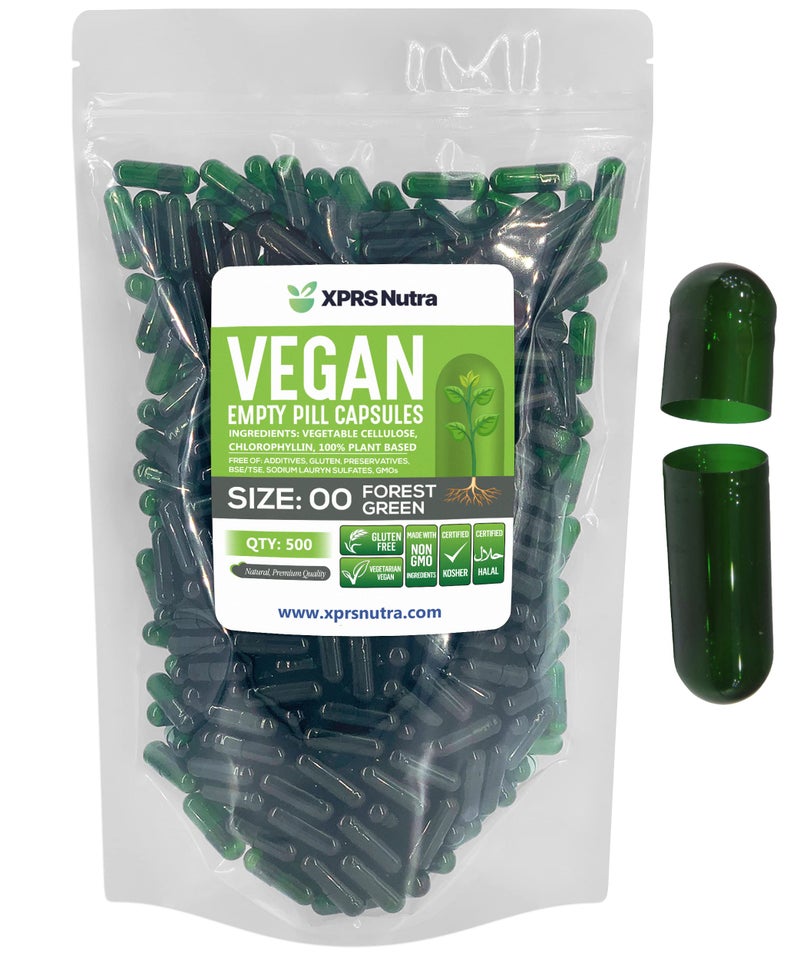 XPRS Nutra Size 00 Empty Capsules 500 Count Empty Vegan Capsules Vegetarian Empty Pills DIY Vegetable Capsule Filling Veggie Pill Caps Forest Green