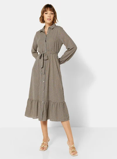 ONLY Ruffle Belted Midi Shirt Dress
