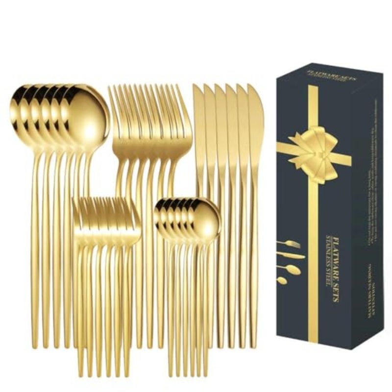 Stainless Steel Flatware Set, Titanium Gold Plated Stainless Steel Flatware Set, 30 Peices Golden Cutlery Set of Knives Spoon Fork Kitchen Utensils Tablespoon Skewer Accessories Home Restaurant - Image 1