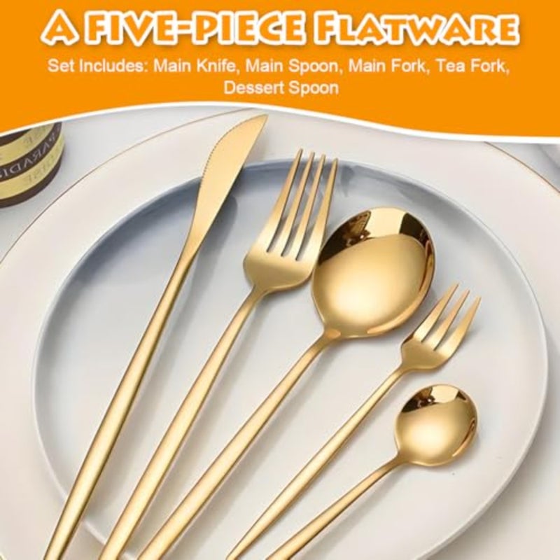 Stainless Steel Flatware Set, Titanium Gold Plated Stainless Steel Flatware Set, 30 Peices Golden Cutlery Set of Knives Spoon Fork Kitchen Utensils Tablespoon Skewer Accessories Home Restaurant - Image 4