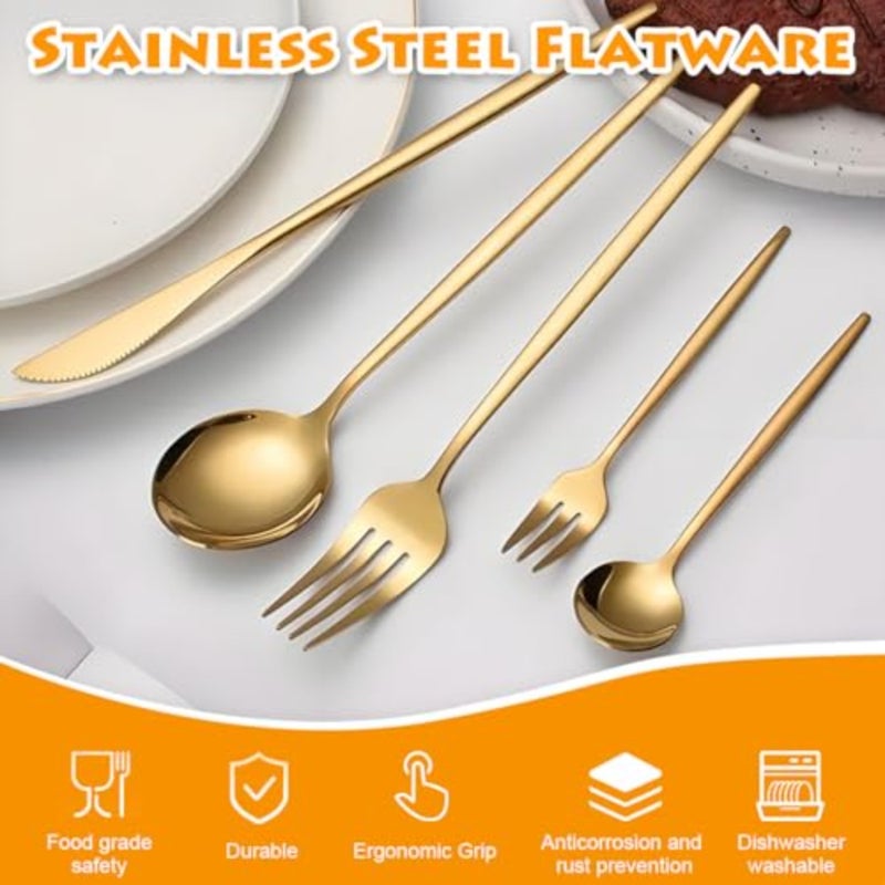 Stainless Steel Flatware Set, Titanium Gold Plated Stainless Steel Flatware Set, 30 Peices Golden Cutlery Set of Knives Spoon Fork Kitchen Utensils Tablespoon Skewer Accessories Home Restaurant - Image 2