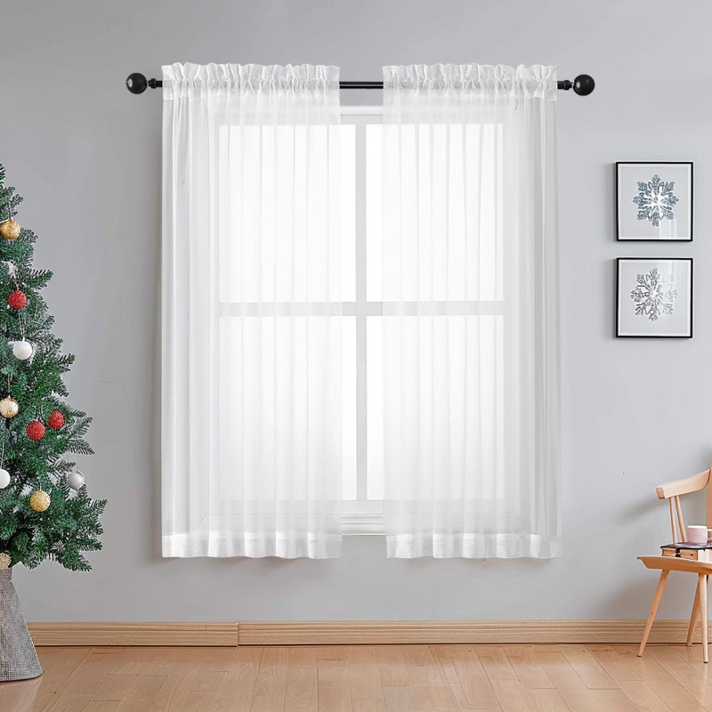 OWENIE Sheer White Curtains Living Room 54 inches Long, Rod Pocket Curtain Sheers Bedroom, Light Filtering Voile Panels Drapes Small Window Treatments 2 Panels, 42" W x 54" L, White - Image 1