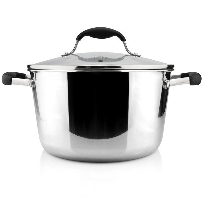 1810 TRIPLY STAINLESS STEEL MULTIPURPOSE POT DUTCH OVEN CASSEROLE STOCK POT WITH LID ERGONOMIC HEAT PROOF HANDLES BEST CHEFS PAN WITH GLASS LID IN POTS AND PANS 5 QUART