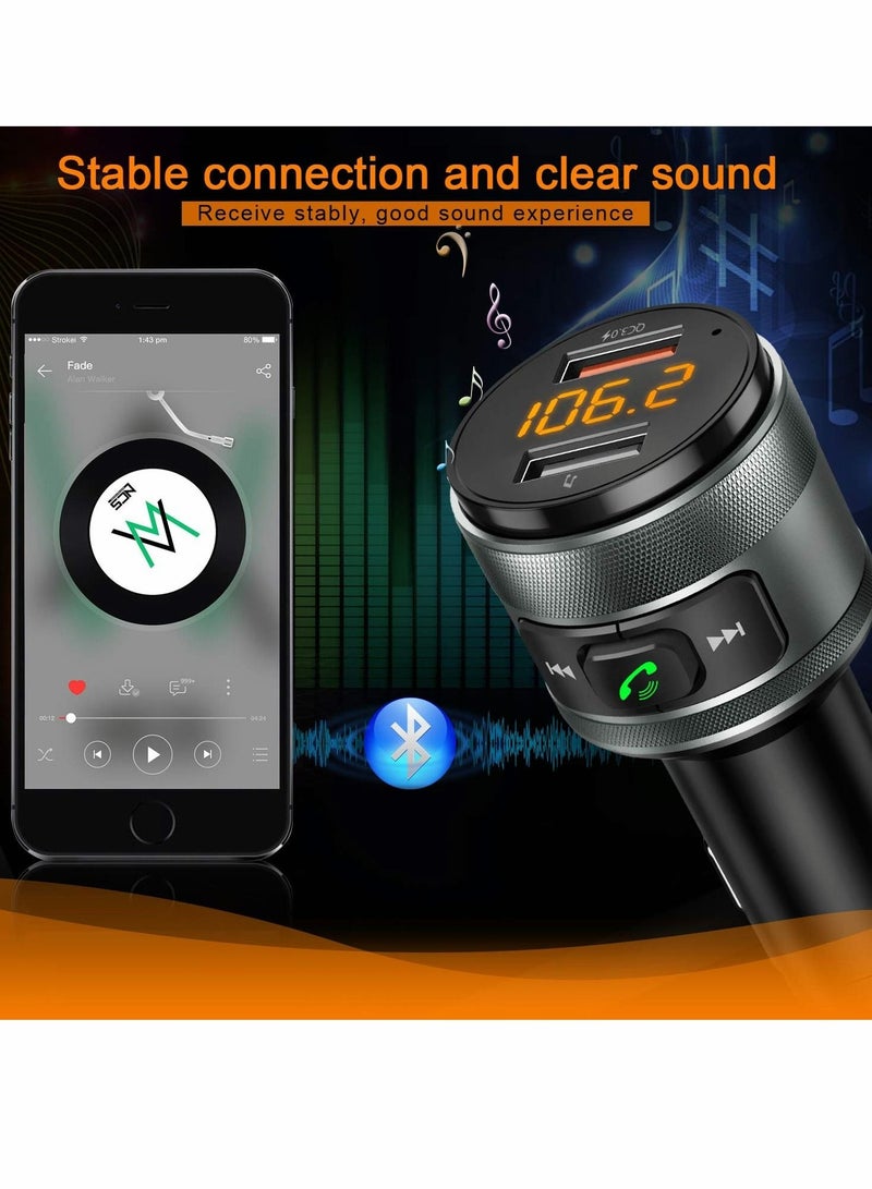 Captaintech Bluetooth 5.0 FM Transmitter for Car, 3.0 Wireless Bluetooth FM Radio Adapter Music Player FM Transmitter Car Kit with Hands-Free Calling and 2 USB Ports Charger Support USB Drive - Image 4