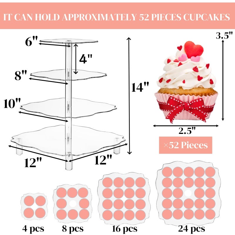 Goaste 4 Tier Acrylic Cupcake Tower Stand, 12 Inch Square Tower Cupcake Display Holder, Clear Dessert Pastry Tower with Rod Feet for 52 Cupcakes, Display for Wedding, Birthday Party, Baby Shower - Image 2