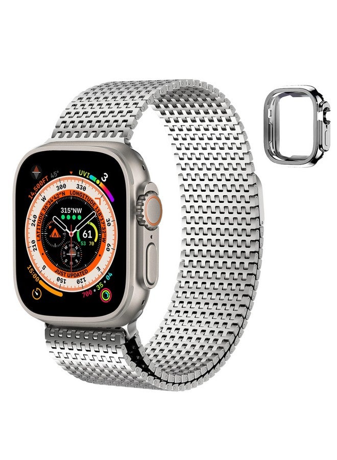 Fullmosa Fullmosa Compatible Apple Watch Band Ultra 49mm, Stainless Steel Mesh Loop Magnetic Clasp iWatch Strap with TPU Case for Apple Watch Series Ultra Ultra 2 8 7 6 5 4 3 2 1 SE SE2 (Silver) - Image 1