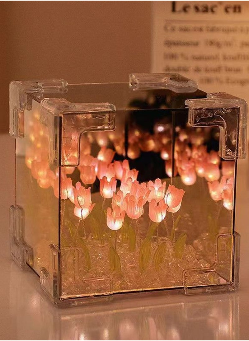 yIFeNG Tulip Night Light,Led Decorative Nights Lamp for Bedroom,Handmade DIY Magic Cube Tulips Flower Table Lamp and Mirror 2 in 1,21 Flowers Birthday Gifts for Women and Girl (Pink Tulips)  - Image 1