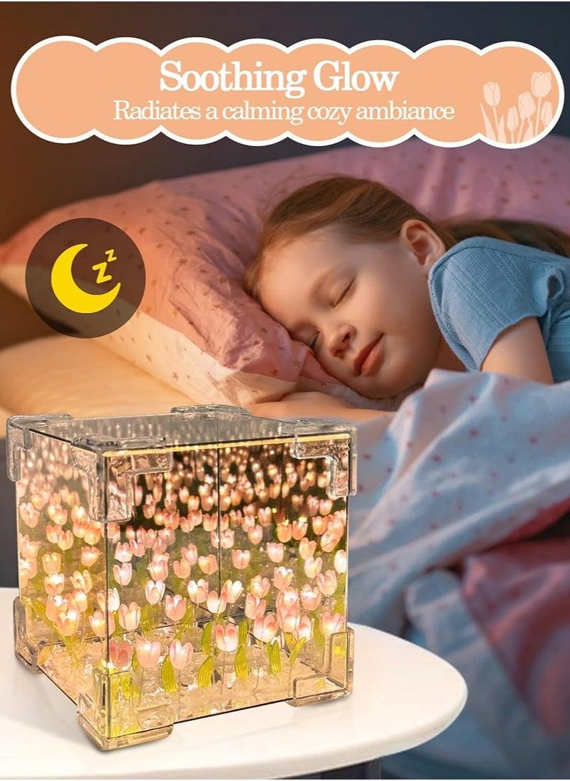 yIFeNG Tulip Night Light,Led Decorative Nights Lamp for Bedroom,Handmade DIY Magic Cube Tulips Flower Table Lamp and Mirror 2 in 1,21 Flowers Birthday Gifts for Women and Girl (Pink Tulips)  - Image 2